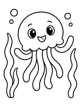 Free printable Happy Jellyfish Floating In Seaweed coloring page