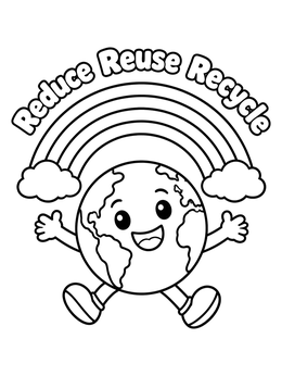 A happy earth day coloring page showing a smiling globe under a rainbow.