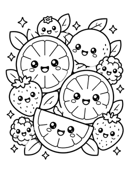 A cheerful kawaii fruit coloring page with smiling citrus slices, strawberries, and berries.