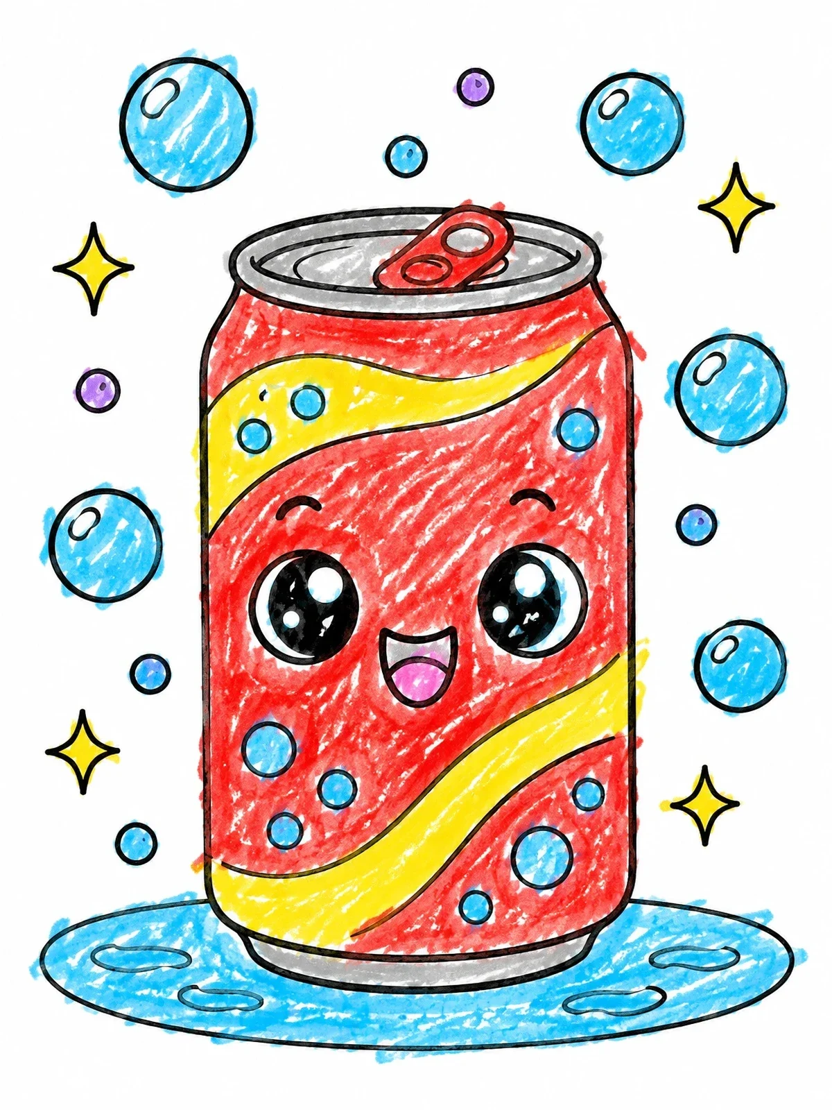 Colored example of the Happy Kawaii Soda Can coloring page