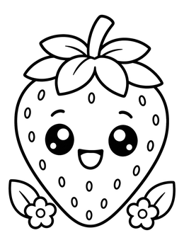 A happy strawberry with flowers on this kawaii coloring page.