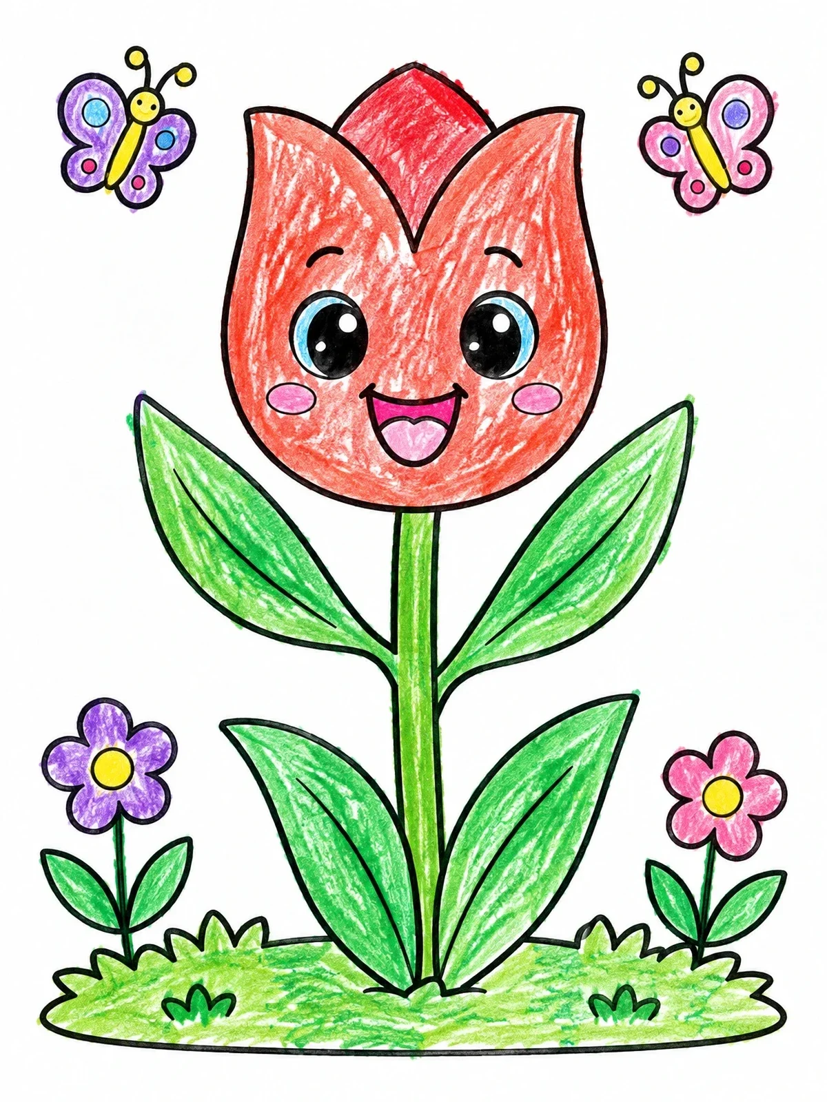 Colored example of the Happy Kawaii Tulip In Garden coloring page