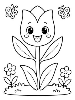Free printable Happy Kawaii Tulip In Garden coloring page