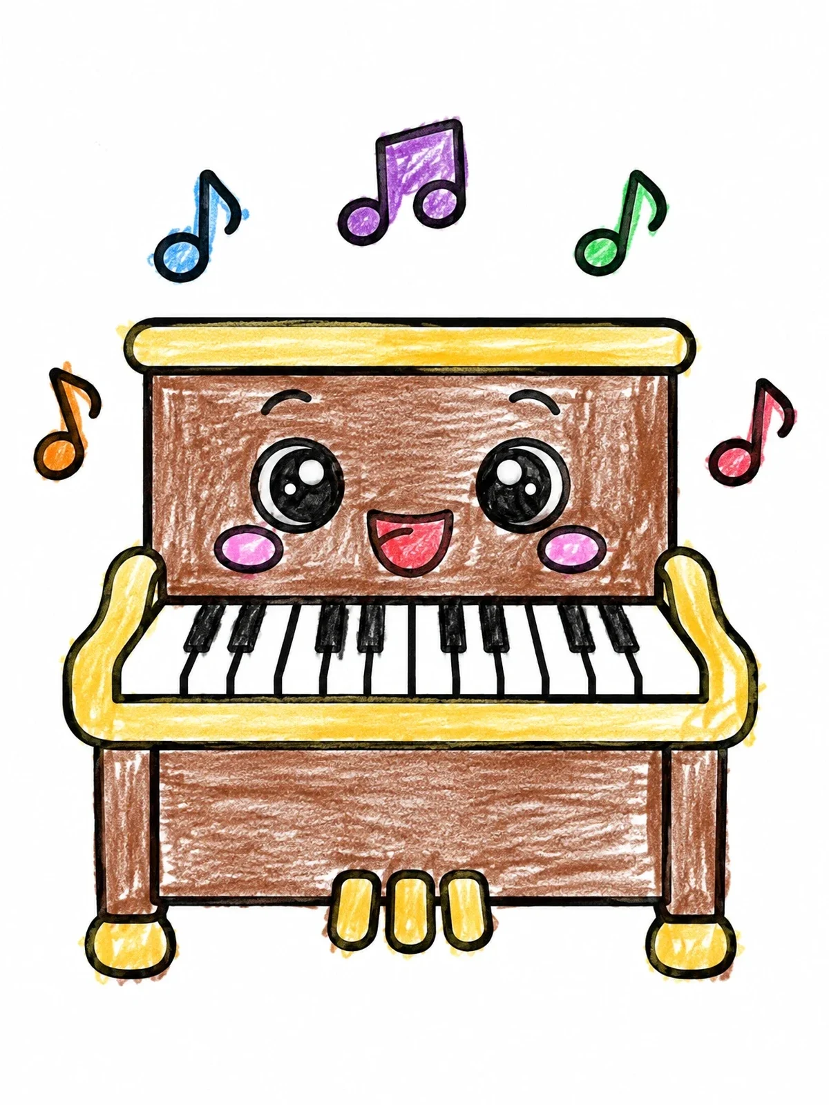 Colored example of the Happy Kawaii Upright Piano coloring page