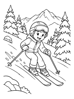 Free printable Happy Kid Skiing Down Mountain coloring page