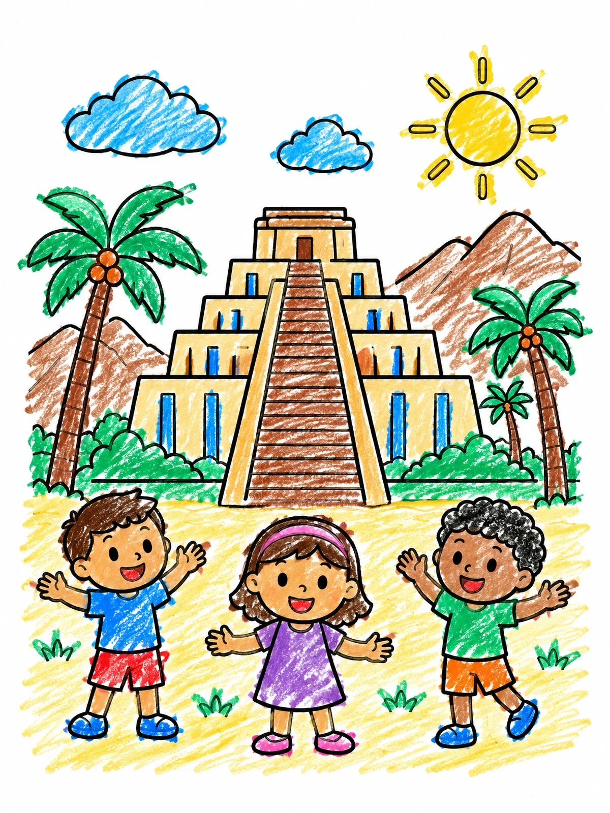 Colored example of the Happy Kids At Ancient Ziggurat coloring page