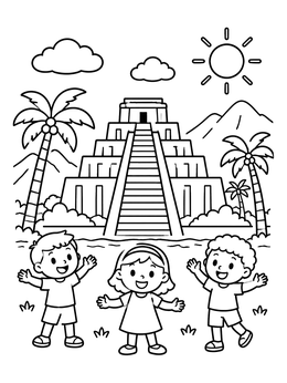 Free printable Happy Kids At Ancient Ziggurat coloring page