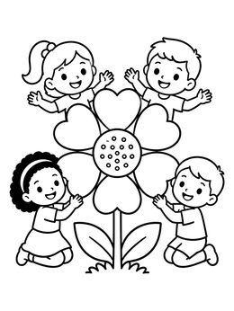Free printable Happy Kids Around Giant Flower coloring page