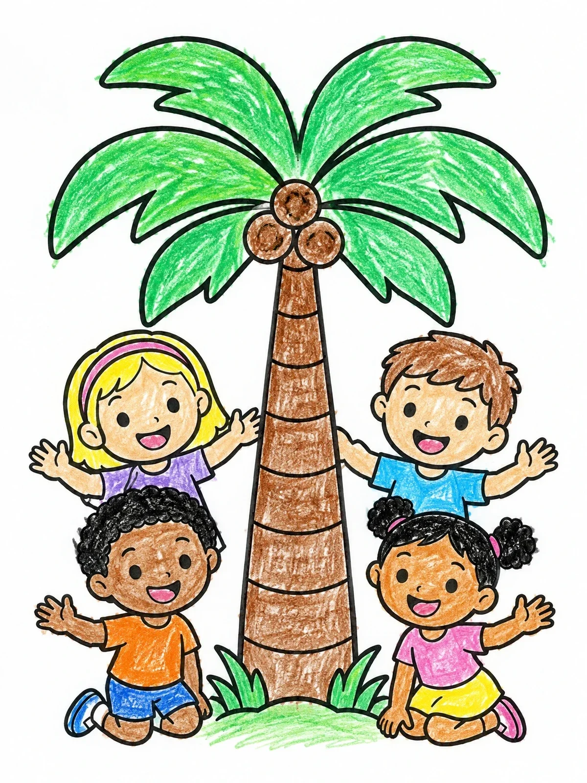 Colored example of the Happy Kids Around A Palm Tree coloring page