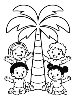 Free printable Happy Kids Around A Palm Tree coloring page