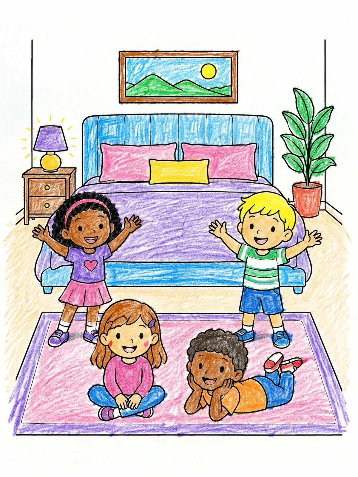 Colored example of the Happy Kids In The Bedroom coloring page