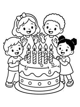 Free printable Happy Kids Around Birthday Cake coloring page