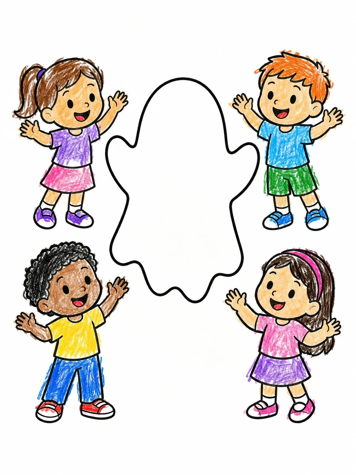 Colored example of the Happy Kids Around Blank Ghost Outline coloring page