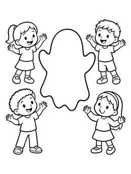 Free printable Happy Kids Around Blank Ghost Outline coloring page