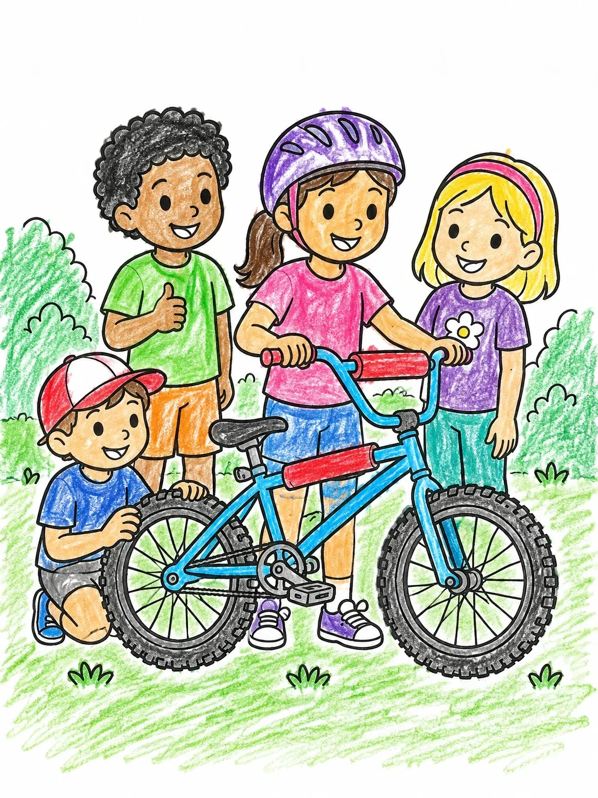 Colored example of the Happy Kids With Bmx Bicycle coloring page