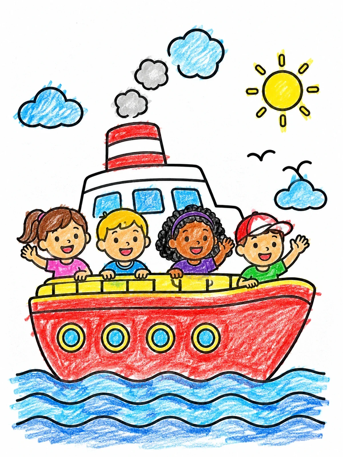 Colored example of the Happy Kids On A Cruise Ship coloring page