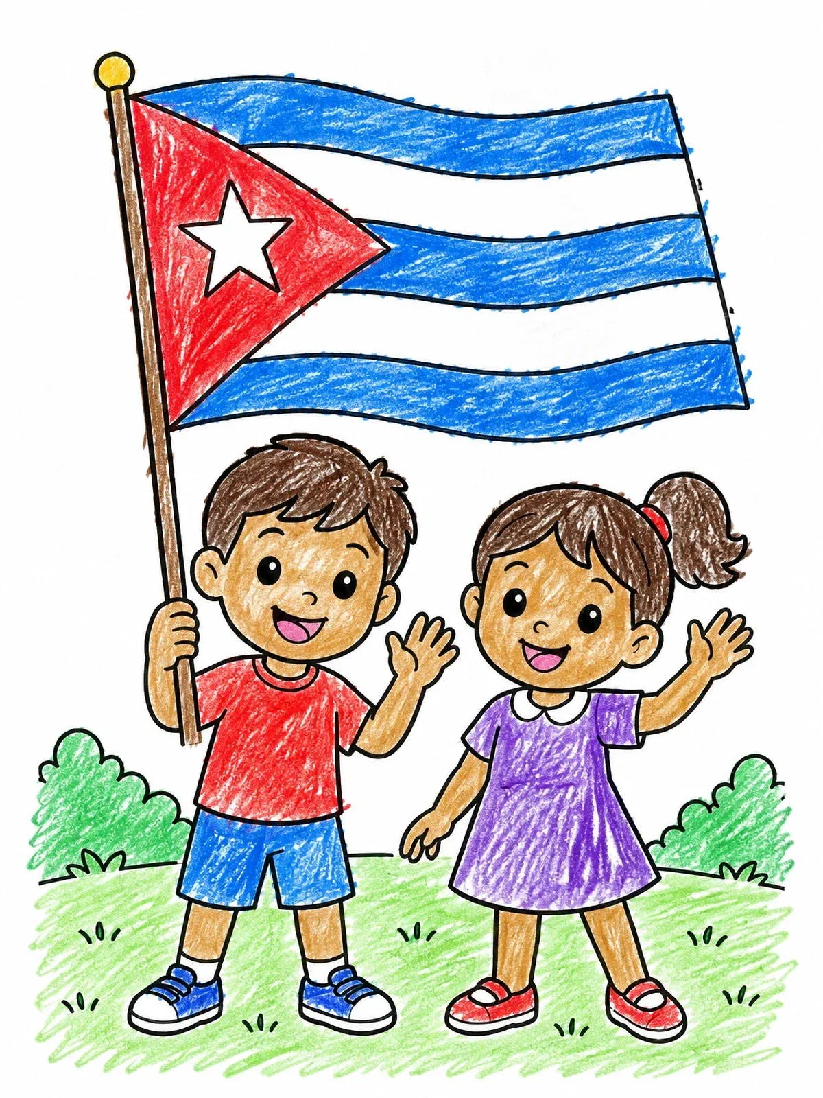 Colored example of the Happy Kids Holding Cuba Flag coloring page