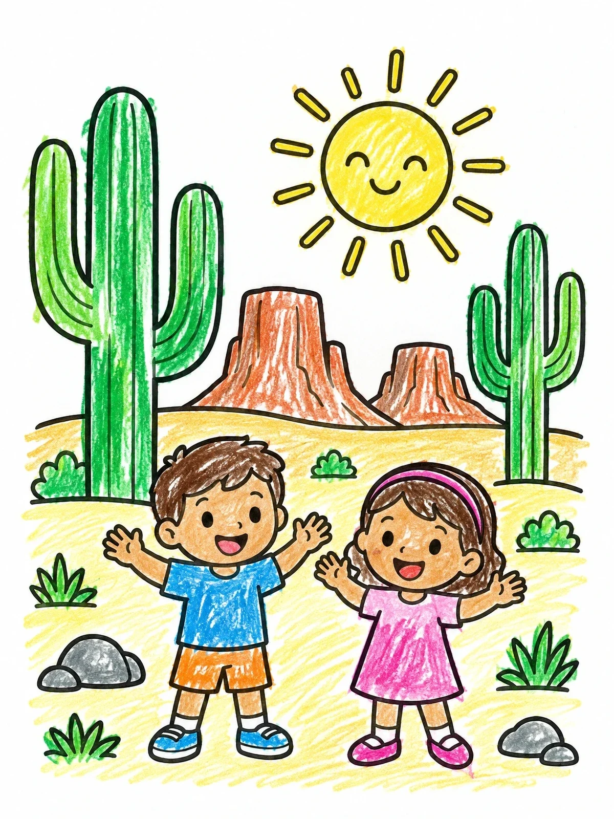 Colored example of the Happy Kids In The Desert coloring page