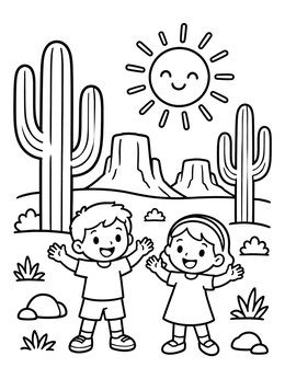 Free printable Happy Kids In The Desert coloring page