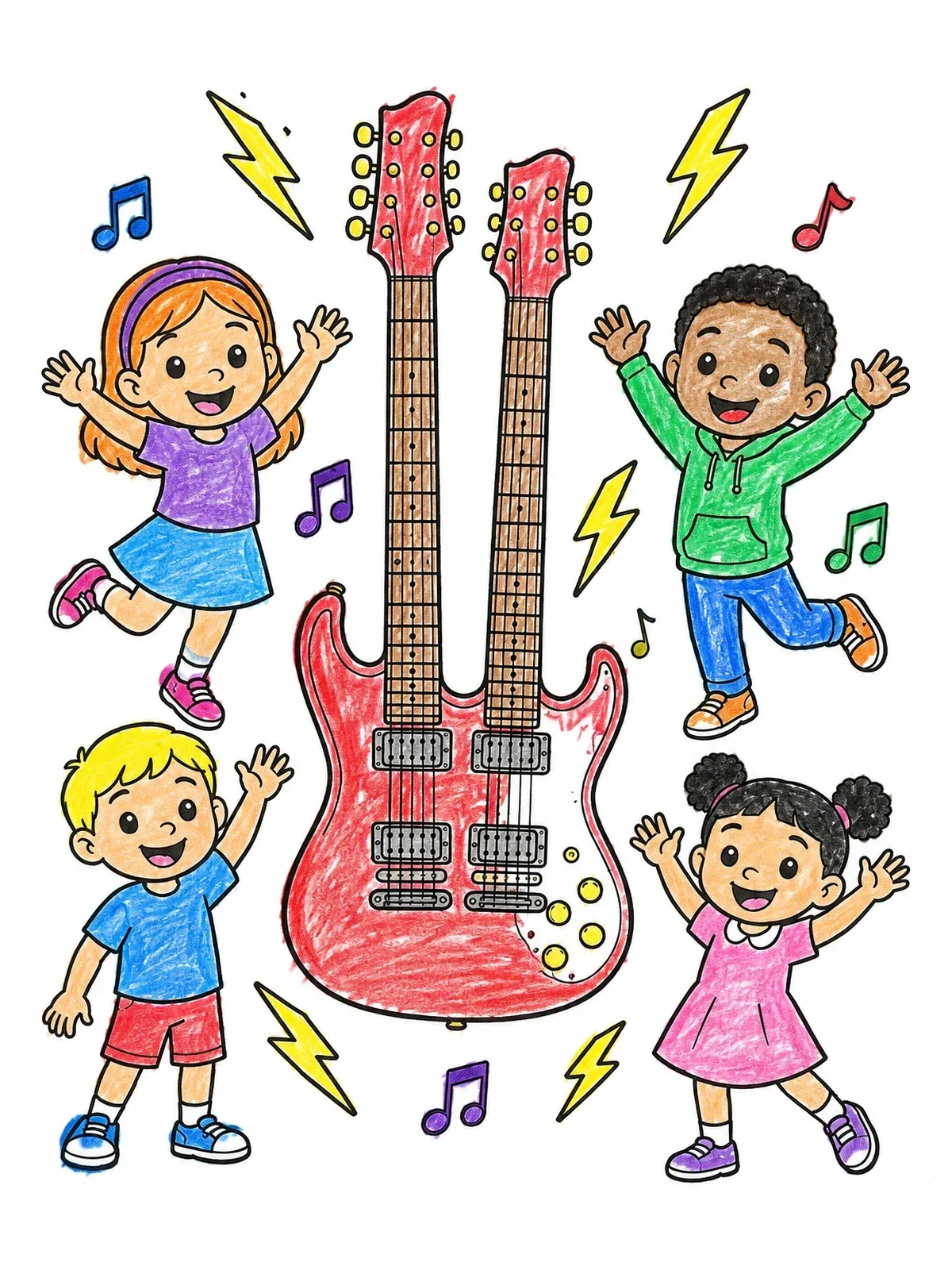 Colored example of the Happy Kids With Double Neck Guitar coloring page