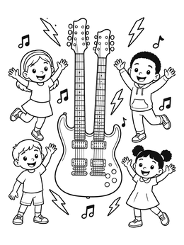 Free printable Happy Kids With Double Neck Guitar coloring page