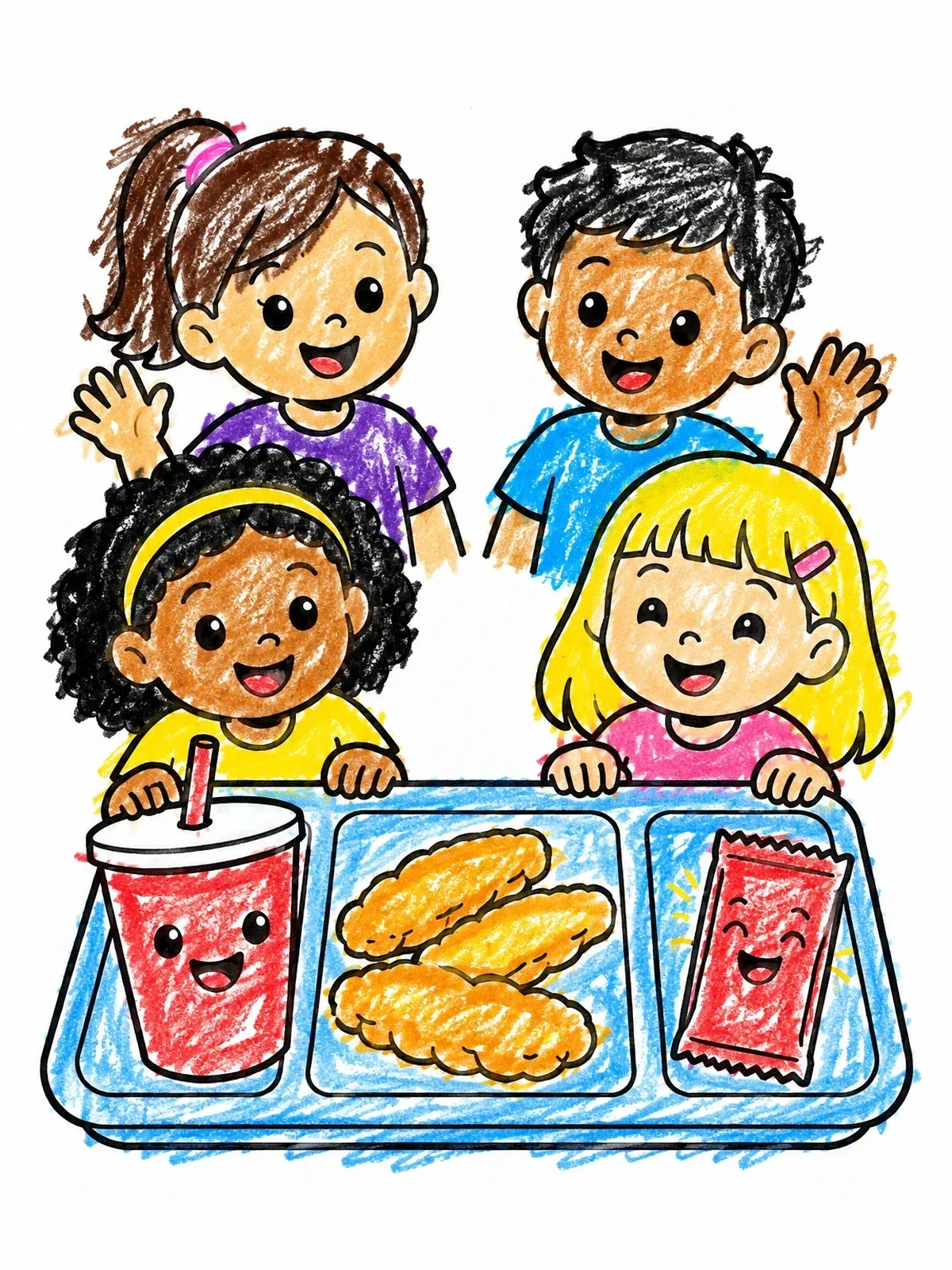 Colored example of the Happy Kids With Fast Food Meal coloring page