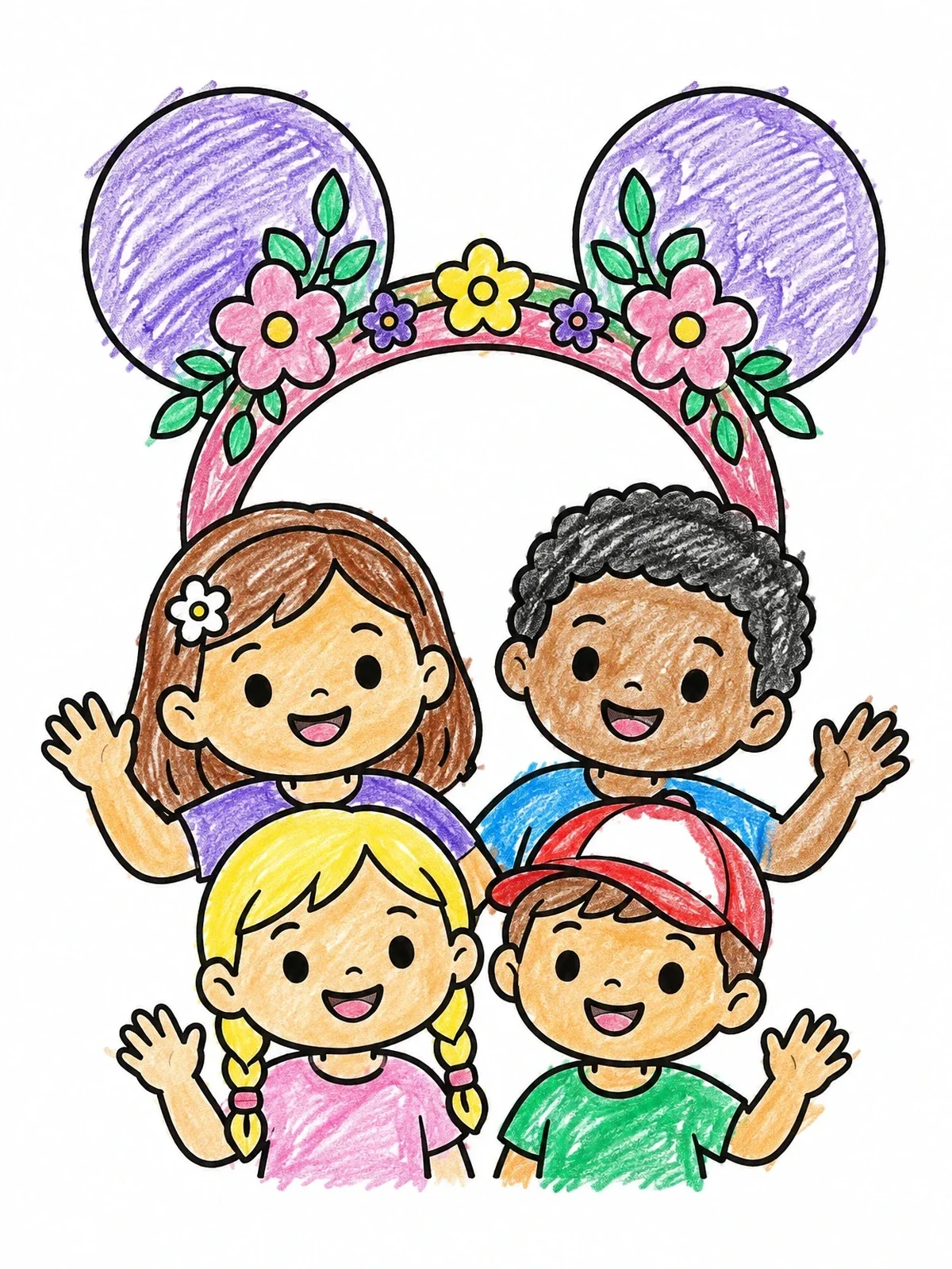 Colored example of the Happy Kids With Floral Headband Ears coloring page