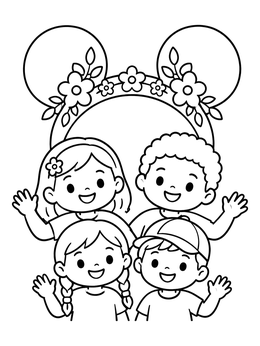 Free printable Happy Kids With Floral Headband Ears coloring page