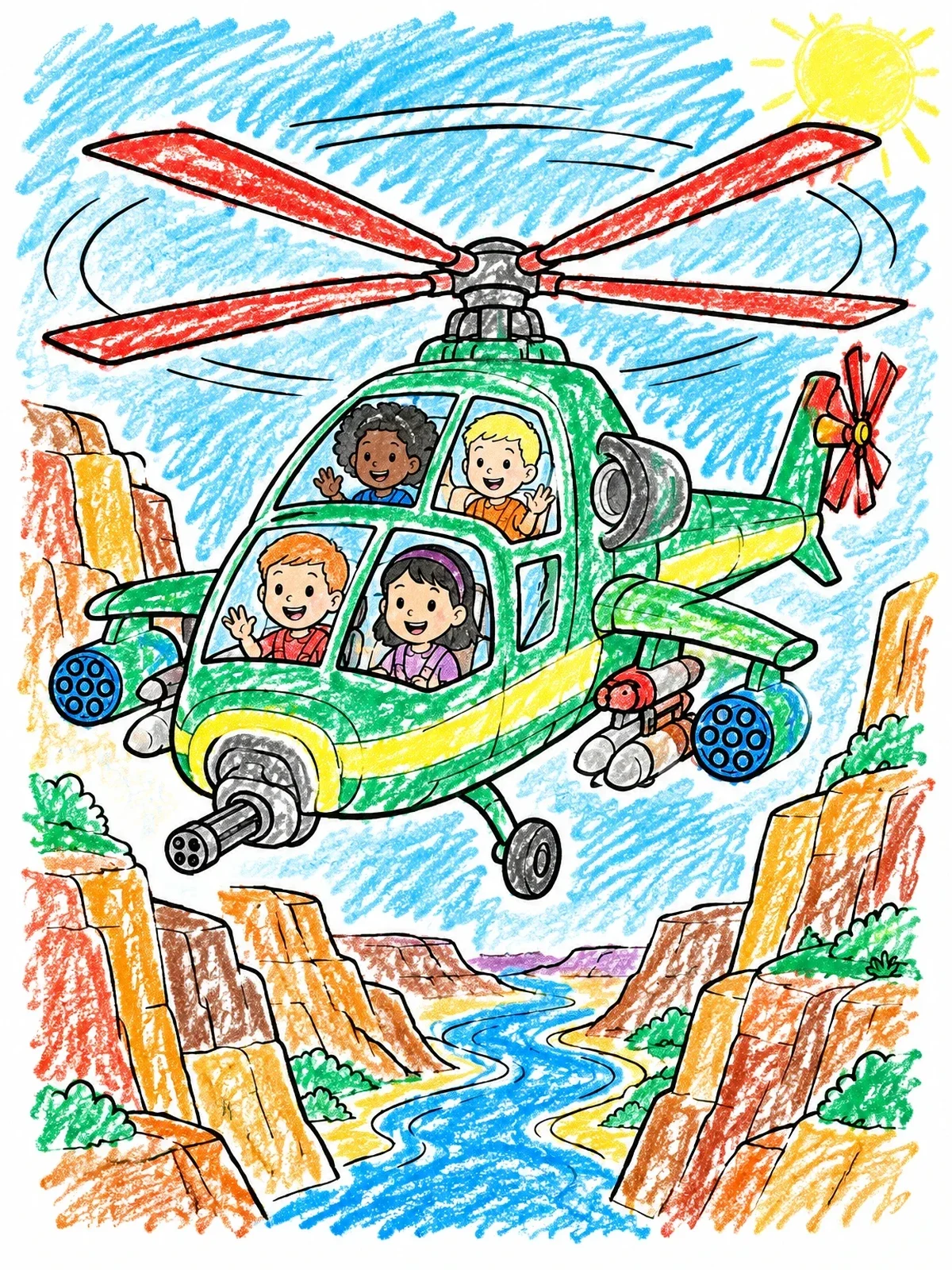 Colored example of the Happy Kids Flying Canyon Helicopter coloring page