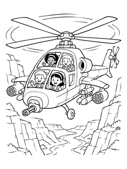 A fun helicopter coloring page featuring smiling children flying over a river canyon.