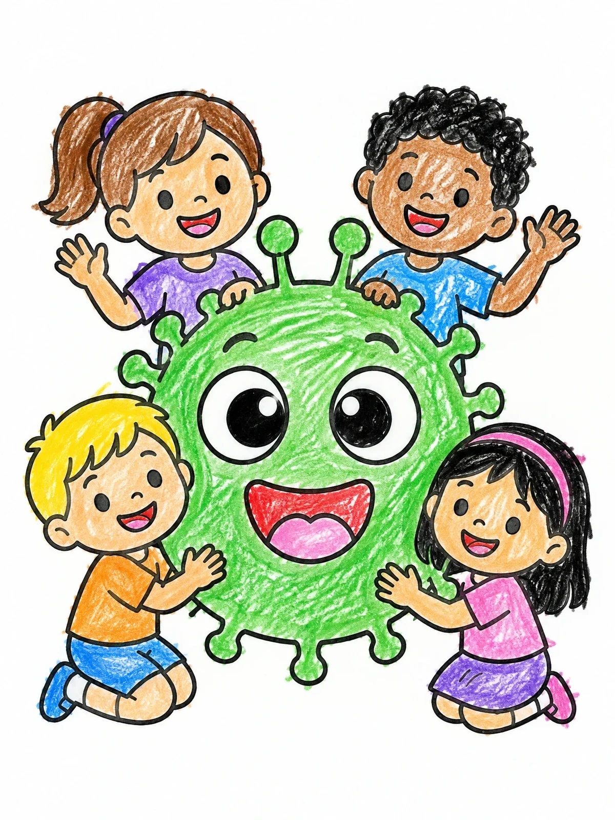 Colored example of the Happy Kids With Friendly Germ coloring page