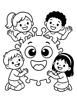 Free printable Happy Kids With Friendly Germ coloring page