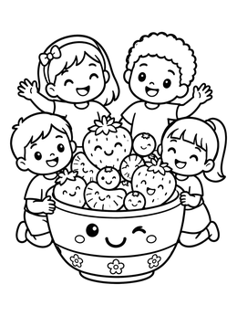 Free printable Happy Kids With Fruit Salad Bowl coloring page