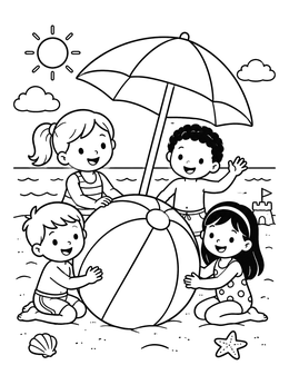 Happy children playing with a giant beach ball under an umbrella on this beach coloring page.