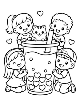 Cute boba coloring page with happy kids and a little hamster around a giant bubble tea cup.
