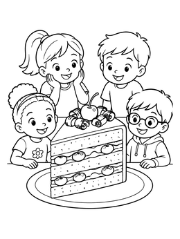 Four smiling kids admire a huge dessert in this cake coloring page.