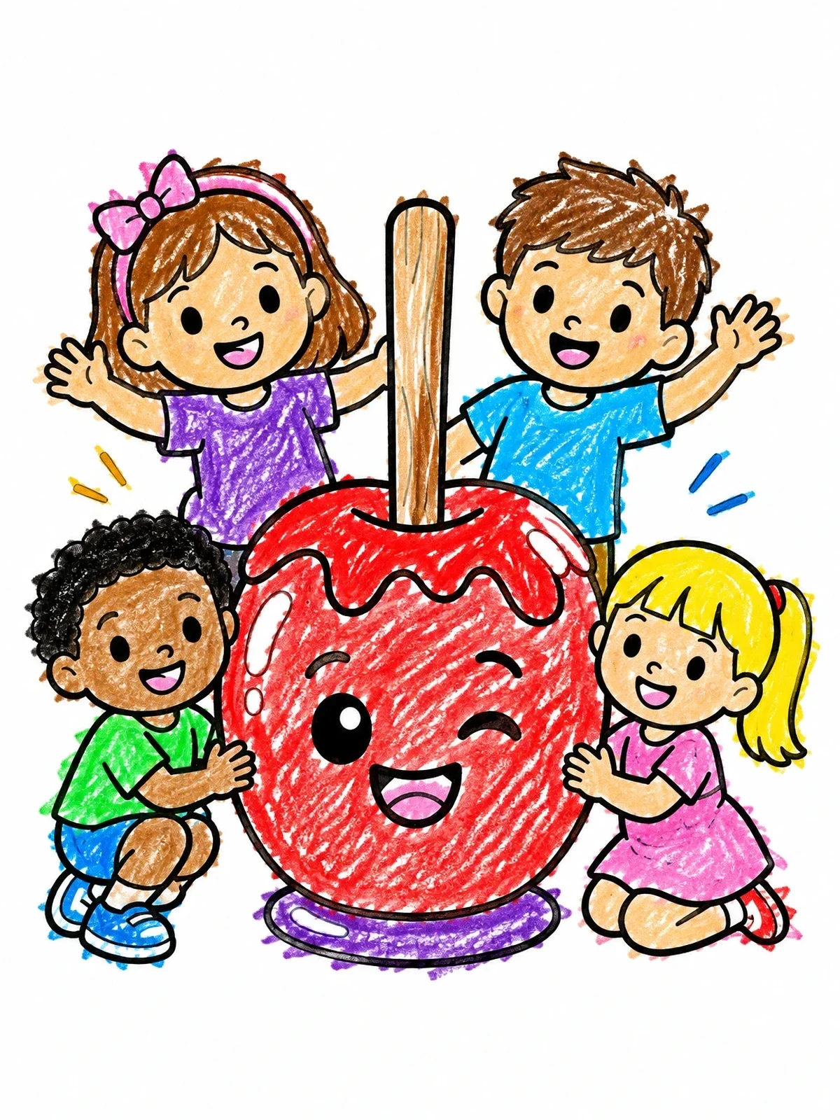 Colored example of the Happy Kids Around Giant Candy Apple coloring page