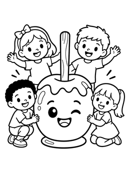 A cheerful candy coloring page with four happy children surrounding a giant smiling candy apple on a stick.