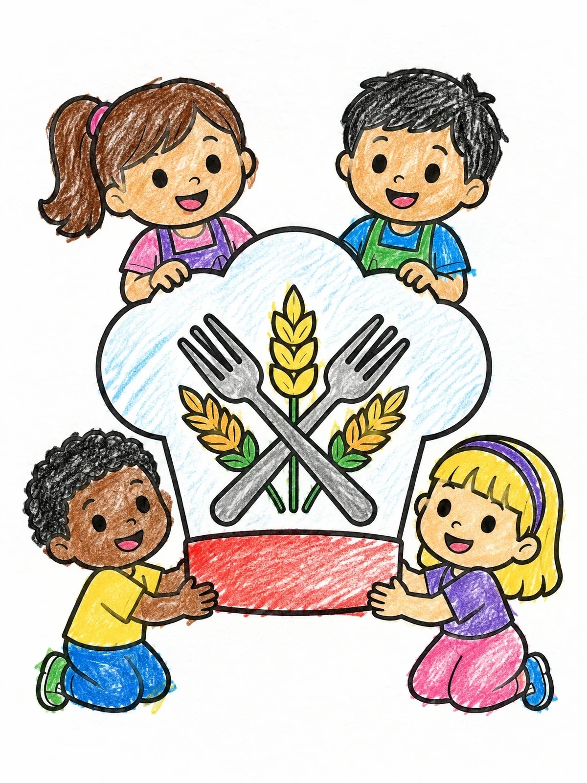 Colored example of the Happy Kids With Giant Chef Hat coloring page