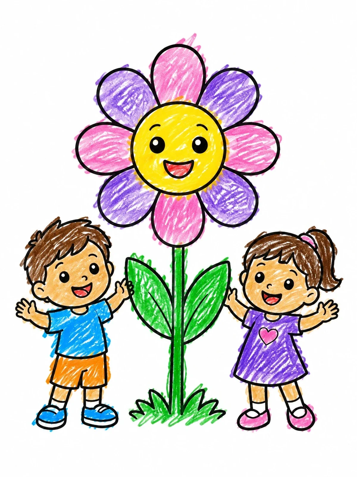 Colored example of the Happy Kids With A Giant Daisy coloring page