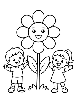 Free printable Happy Kids With A Giant Daisy coloring page