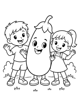 Free printable Happy Kids With Giant Eggplant Friend coloring page