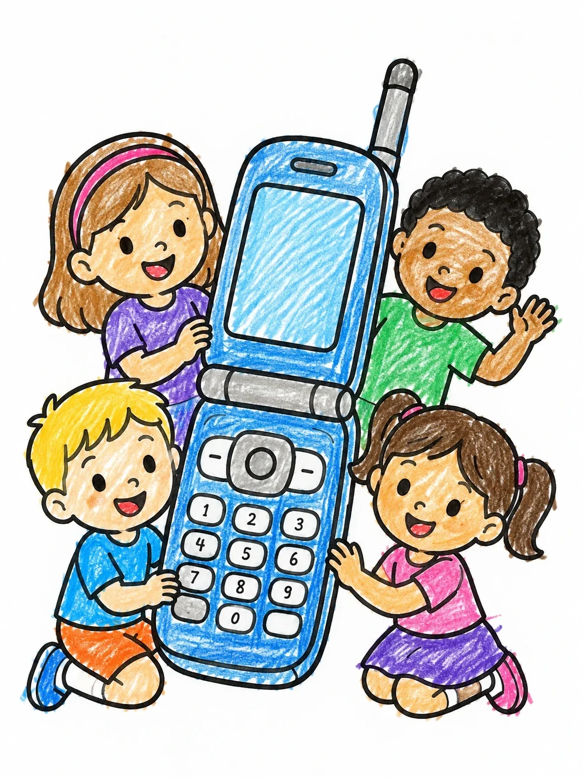 Colored example of the Happy Kids With Giant Flip Phone coloring page