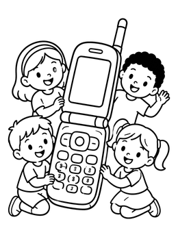 Free printable Happy Kids With Giant Flip Phone coloring page