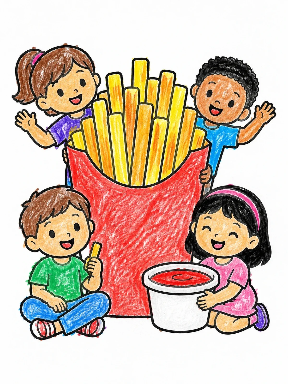 Colored example of the Happy Kids Around Giant French Fries coloring page
