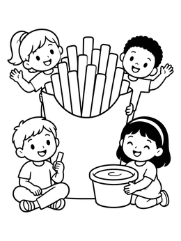 Free printable Happy Kids Around Giant French Fries coloring page