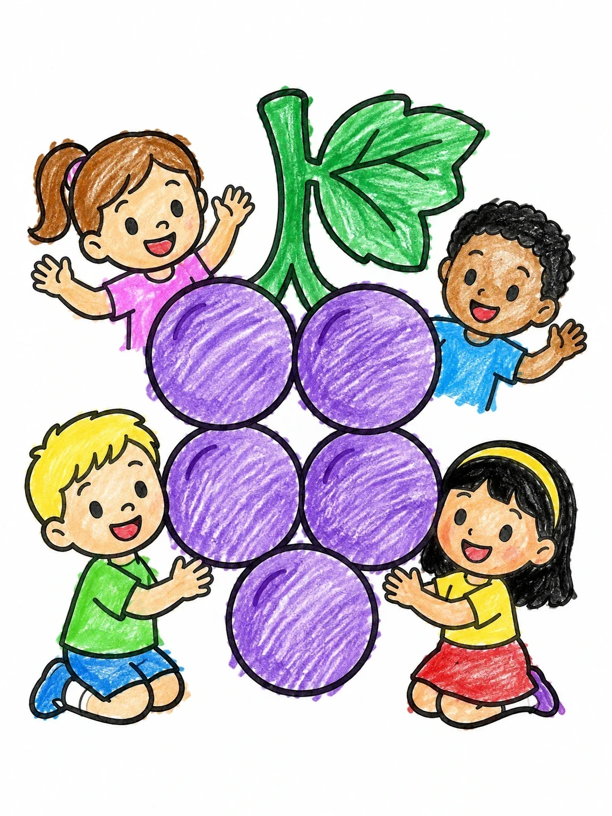 Colored example of the Happy Kids With Giant Grapes coloring page