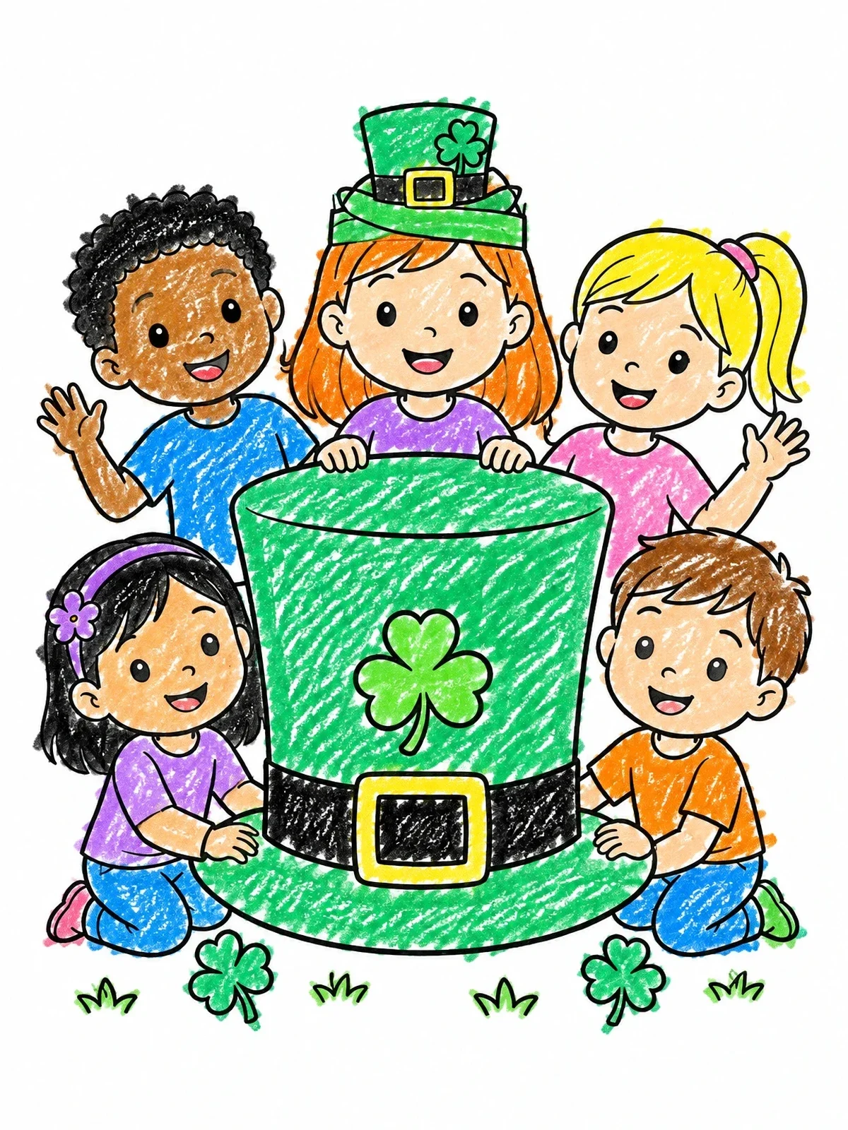 Colored example of the Happy Kids With Giant Leprechaun Hat coloring page