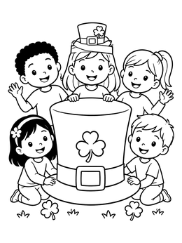 Free printable Happy Kids With Giant Leprechaun Hat coloring page
