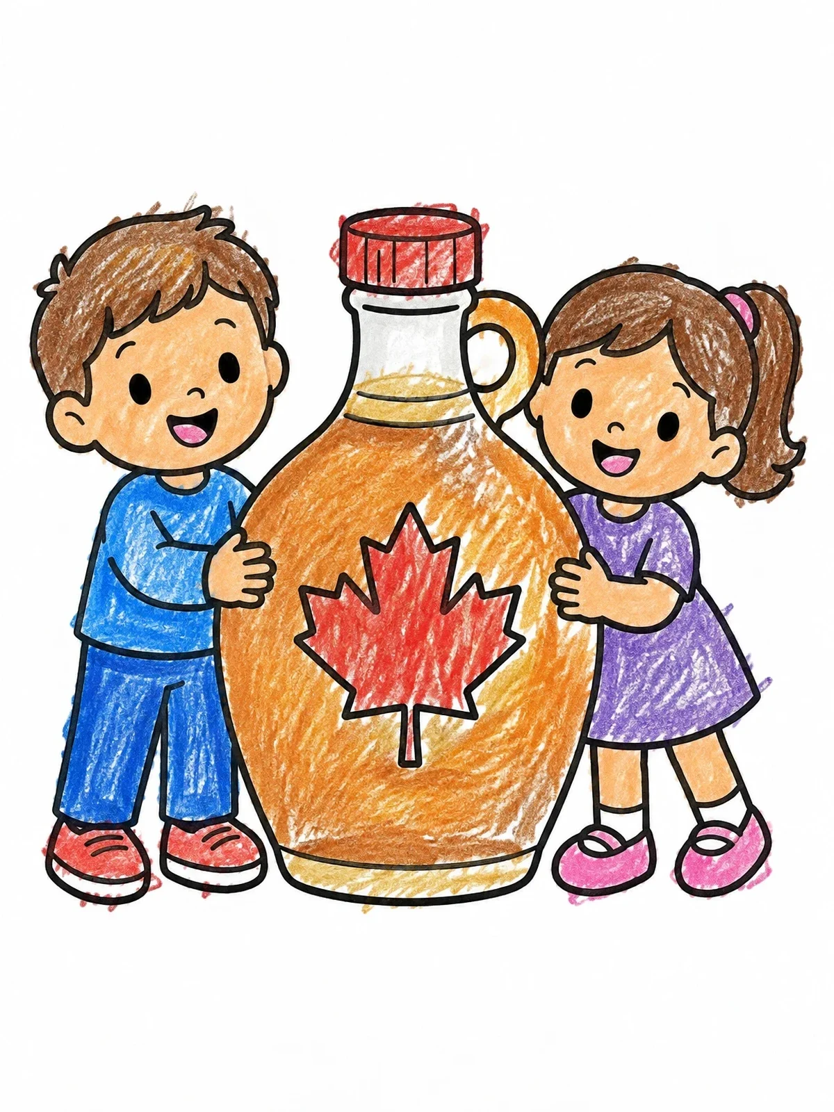 Colored example of the Happy Kids With Giant Maple Syrup Jug coloring page